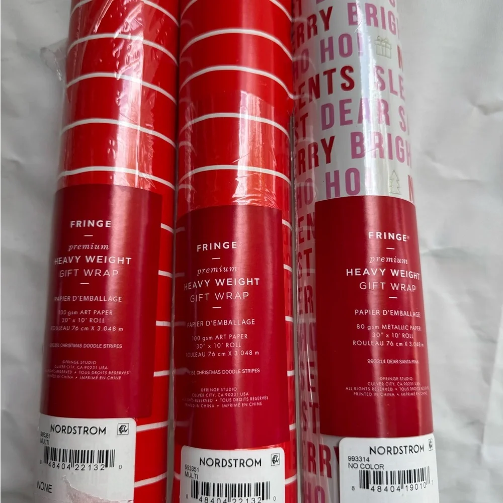 FRINGE heavy weight Christmas Gift Wrap Paper Roll Lot of 3 New stripes and hoho